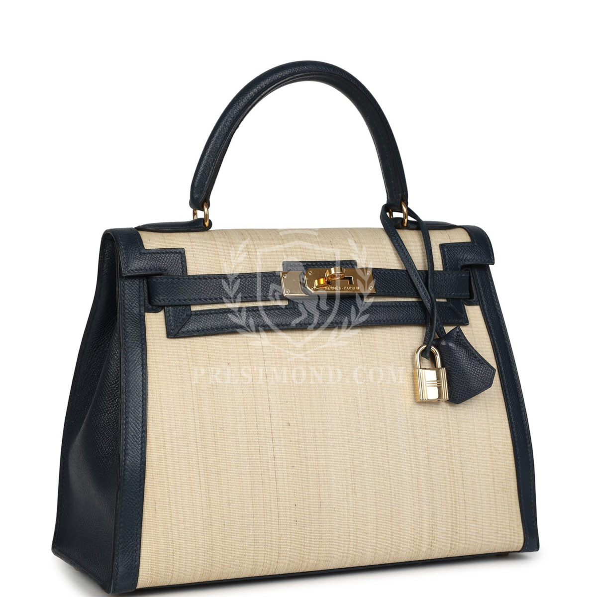 Vintage Hermes Kelly Sellier 28 Bleu Marine Courchevel and Ecru Crinoline GHW — изображение 2