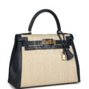Vintage Hermes Kelly Sellier 28 Bleu Marine Courchevel and Ecru Crinoline GHW