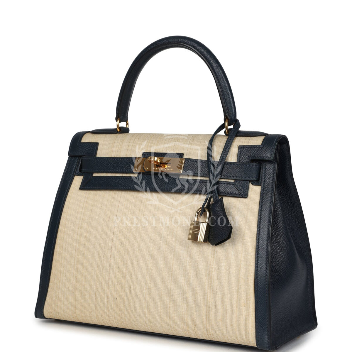 Vintage Hermes Kelly Sellier 28 Bleu Marine Courchevel and Ecru Crinoline GHW — изображение 5