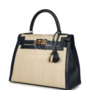 Vintage Hermes Kelly Sellier 28 Bleu Marine Courchevel and Ecru Crinoline GHW