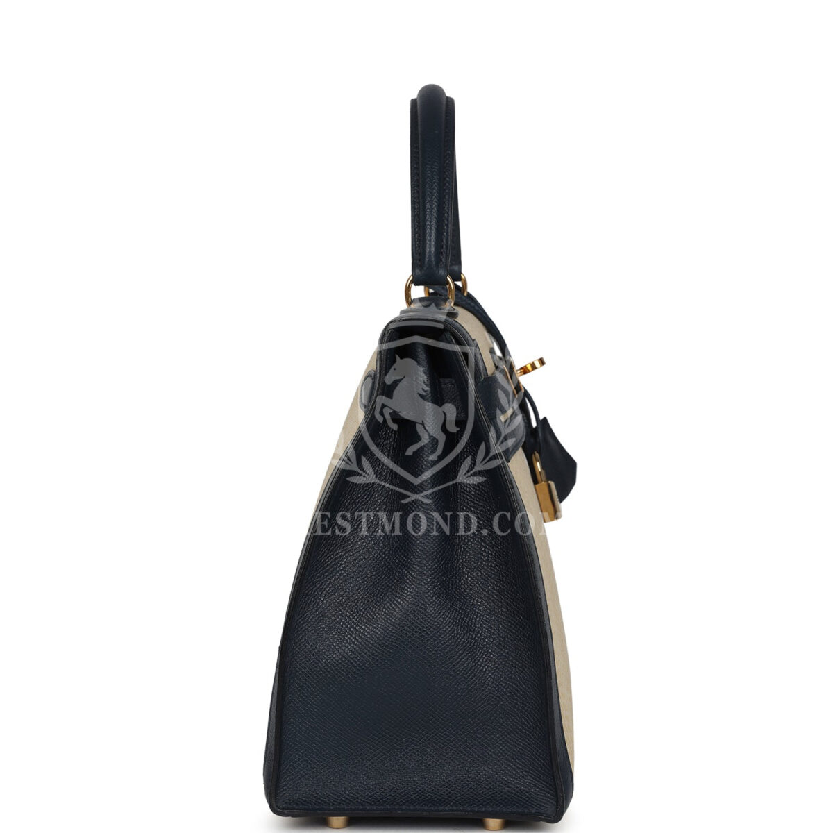 Vintage Hermes Kelly Sellier 28 Bleu Marine Courchevel and Ecru Crinoline GHW — изображение 3