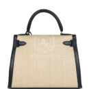Vintage Hermes Kelly Sellier 28 Bleu Marine Courchevel and Ecru Crinoline GHW