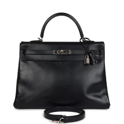 Vintage Hermes Kelly 35 Retourne Black Box Calfskin PHW