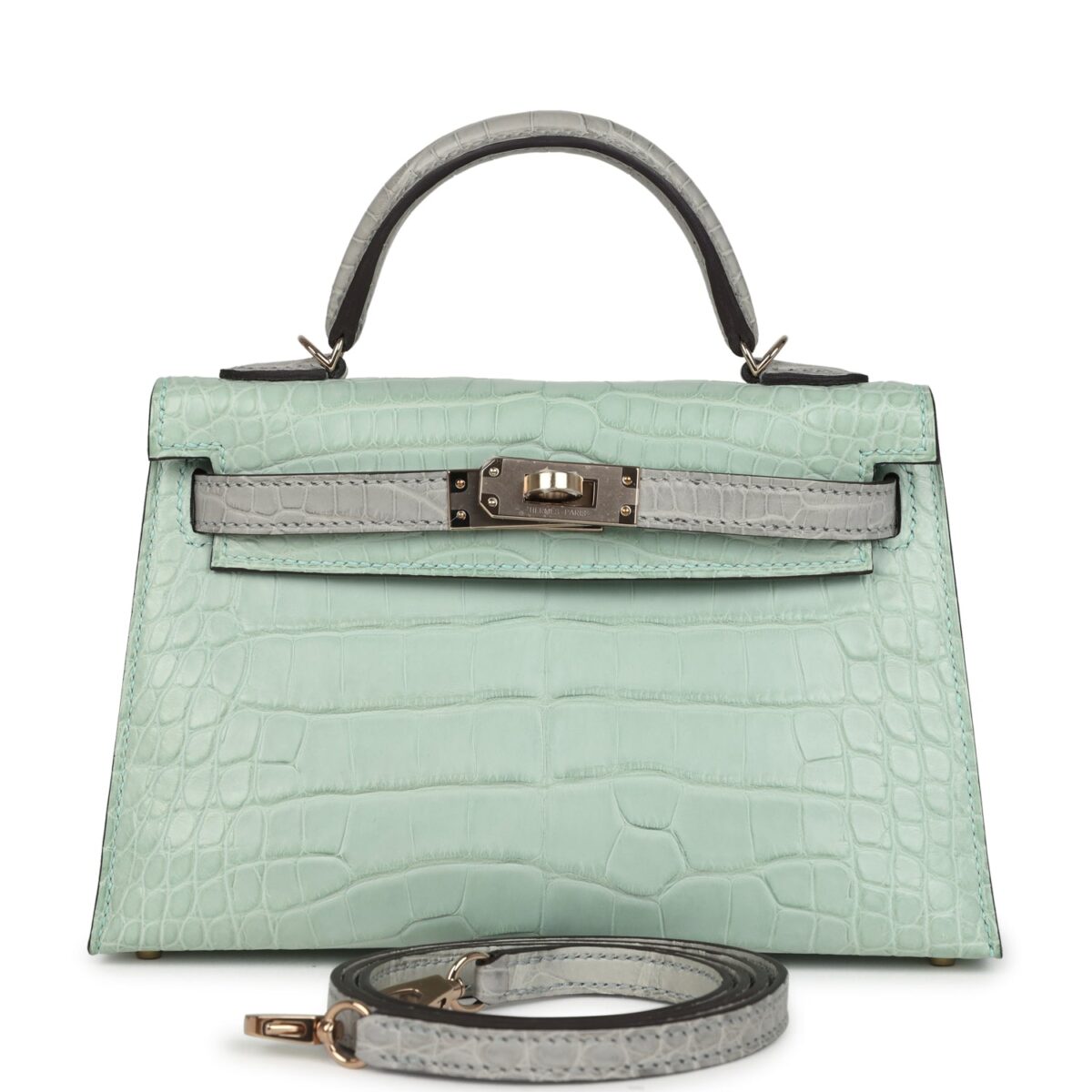Hermes Special Order (HSS) Kelly Sellier 20 Vert D'Eau and Gris Perle Matte Alligator PBHW