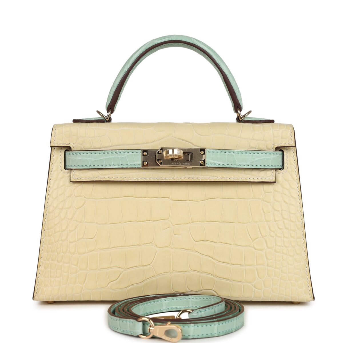 Hermes Special Order (HSS) Kelly Sellier 20 Vanille and Vert D'Eau Matte Alligator PBHW