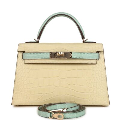 Hermes Special Order (HSS) Kelly Sellier 20 Vanille and Vert D'Eau Matte Alligator PBHW