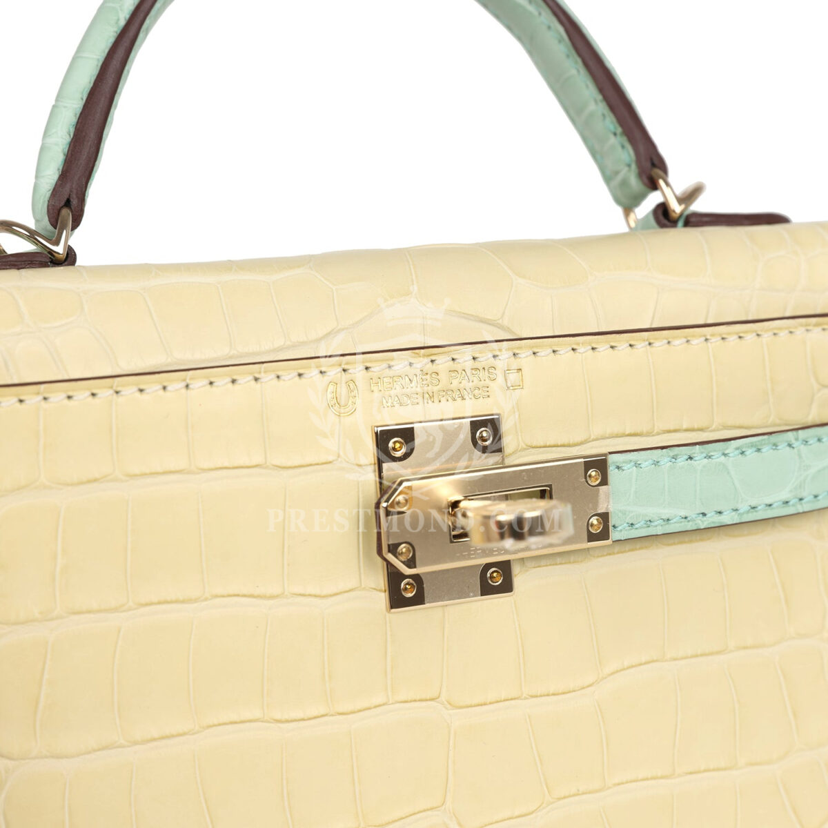 Hermes Special Order (HSS) Kelly Sellier 20 Vanille and Vert D'Eau Matte Alligator PBHW — изображение 7
