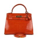 Vintage Hermes Kelly Sellier 28 Orange Shiny Porous Crocodile GHW