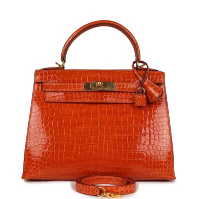 Vintage Hermes Kelly Sellier 28 Orange Shiny Porous Crocodile GHW