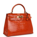 Vintage Hermes Kelly Sellier 28 Orange Shiny Porous Crocodile GHW