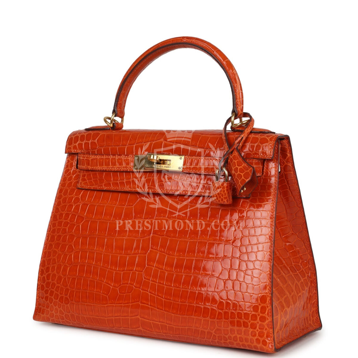 Vintage Hermes Kelly Sellier 28 Orange Shiny Porous Crocodile GHW — изображение 5