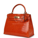 Vintage Hermes Kelly Sellier 28 Orange Shiny Porous Crocodile GHW