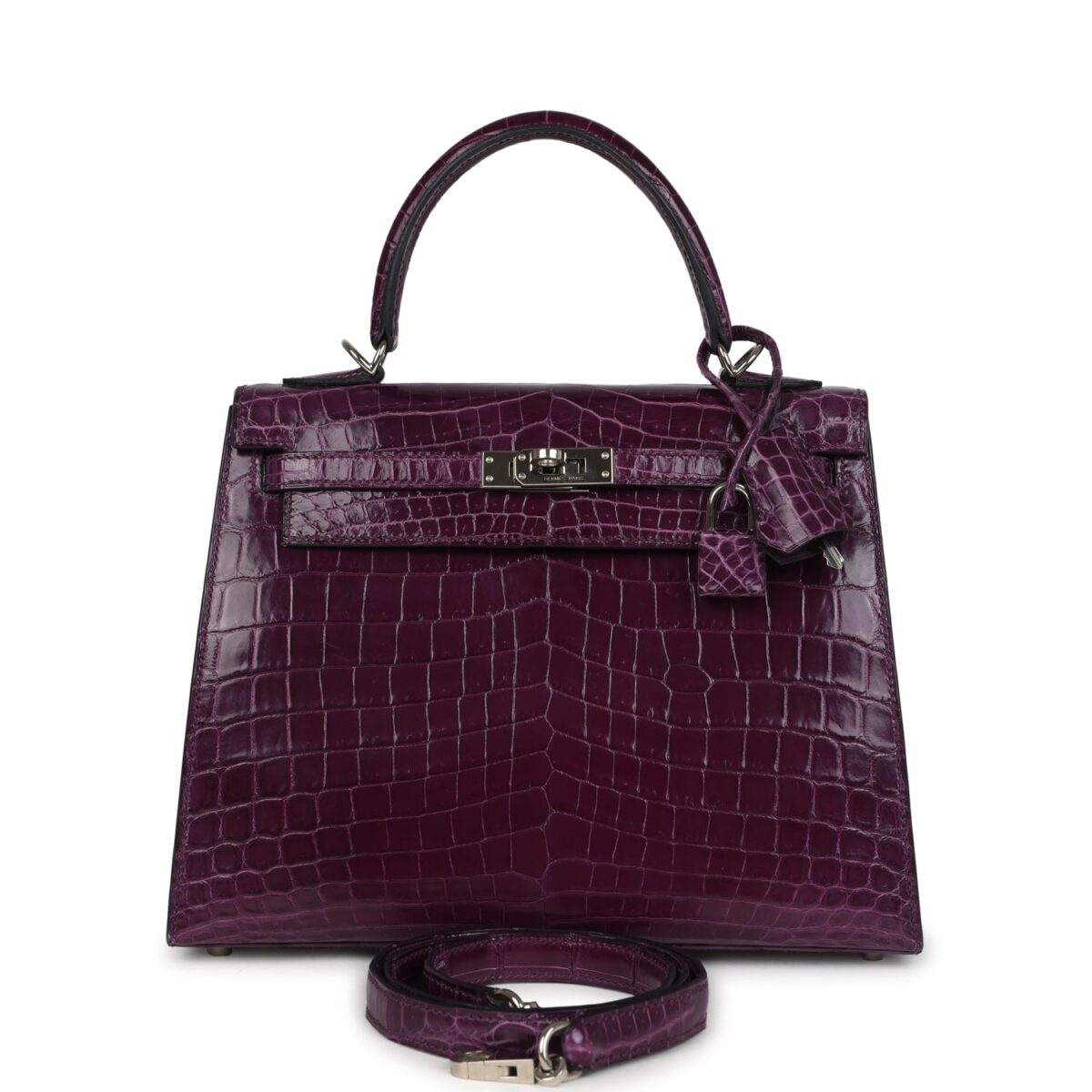 Hermes Kelly Sellier 25 Amethyst Shiny Niloticus Crocodile PHW