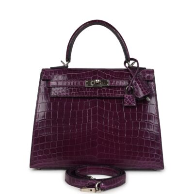 Hermes Kelly Sellier 25 Amethyst Shiny Niloticus Crocodile PHW