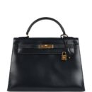 Vintage Hermes Kelly Sellier 32 Bleu Indigo Box GHW