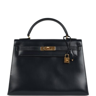 Vintage Hermes Kelly Sellier 32 Bleu Indigo Box GHW