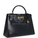 Vintage Hermes Kelly Sellier 32 Bleu Indigo Box GHW