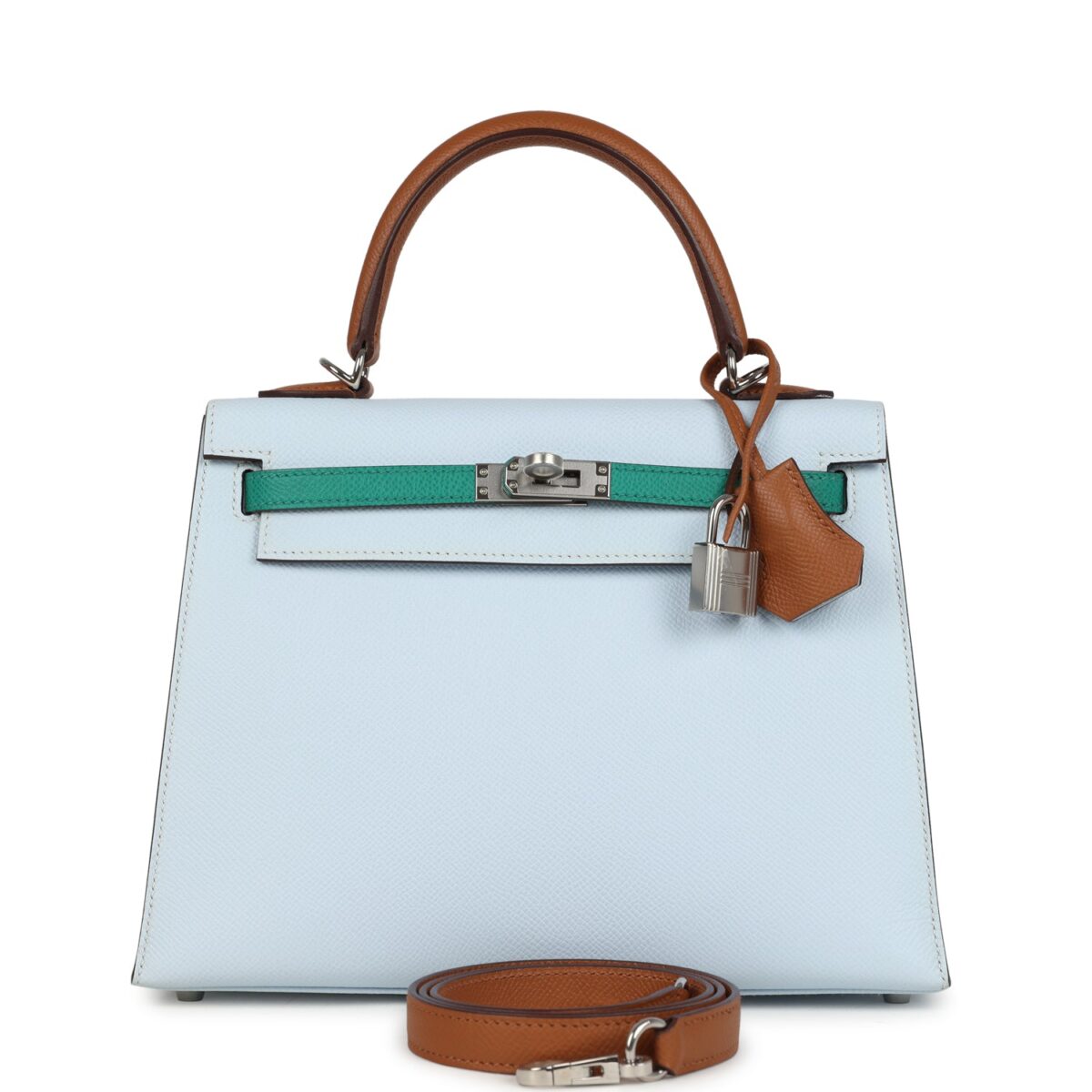 Hermes Kelly Sellier 25 Tri-Color Bleu Brume Gold and Vert Jade Epsom Epsom PHW