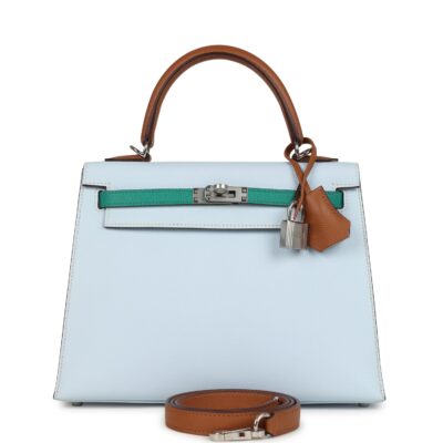 Hermes Kelly Sellier 25 Tri-Color Bleu Brume Gold and Vert Jade Epsom Epsom PHW