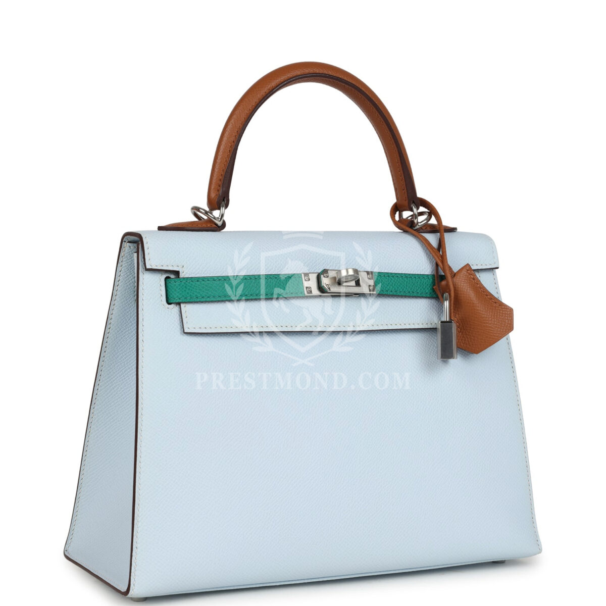 Hermes Kelly Sellier 25 Tri-Color Bleu Brume Gold and Vert Jade Epsom Epsom PHW — изображение 2