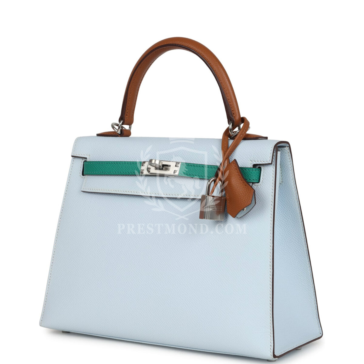Hermes Kelly Sellier 25 Tri-Color Bleu Brume Gold and Vert Jade Epsom Epsom PHW — изображение 5