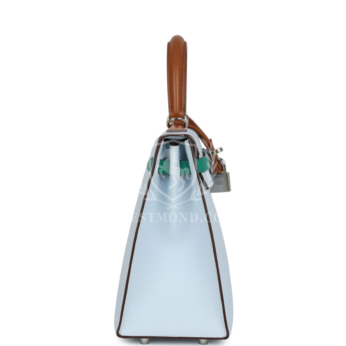 Hermes Kelly Sellier 25 Tri-Color Bleu Brume Gold and Vert Jade Epsom Epsom PHW — изображение 3