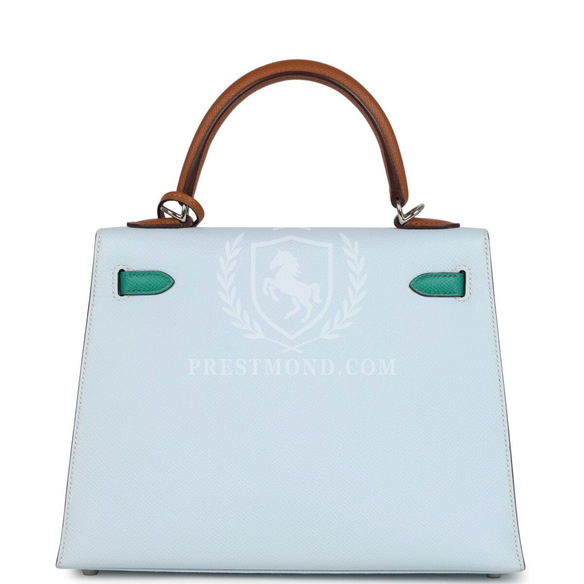 Hermes Kelly Sellier 25 Tri-Color Bleu Brume Gold and Vert Jade Epsom Epsom PHW — изображение 4
