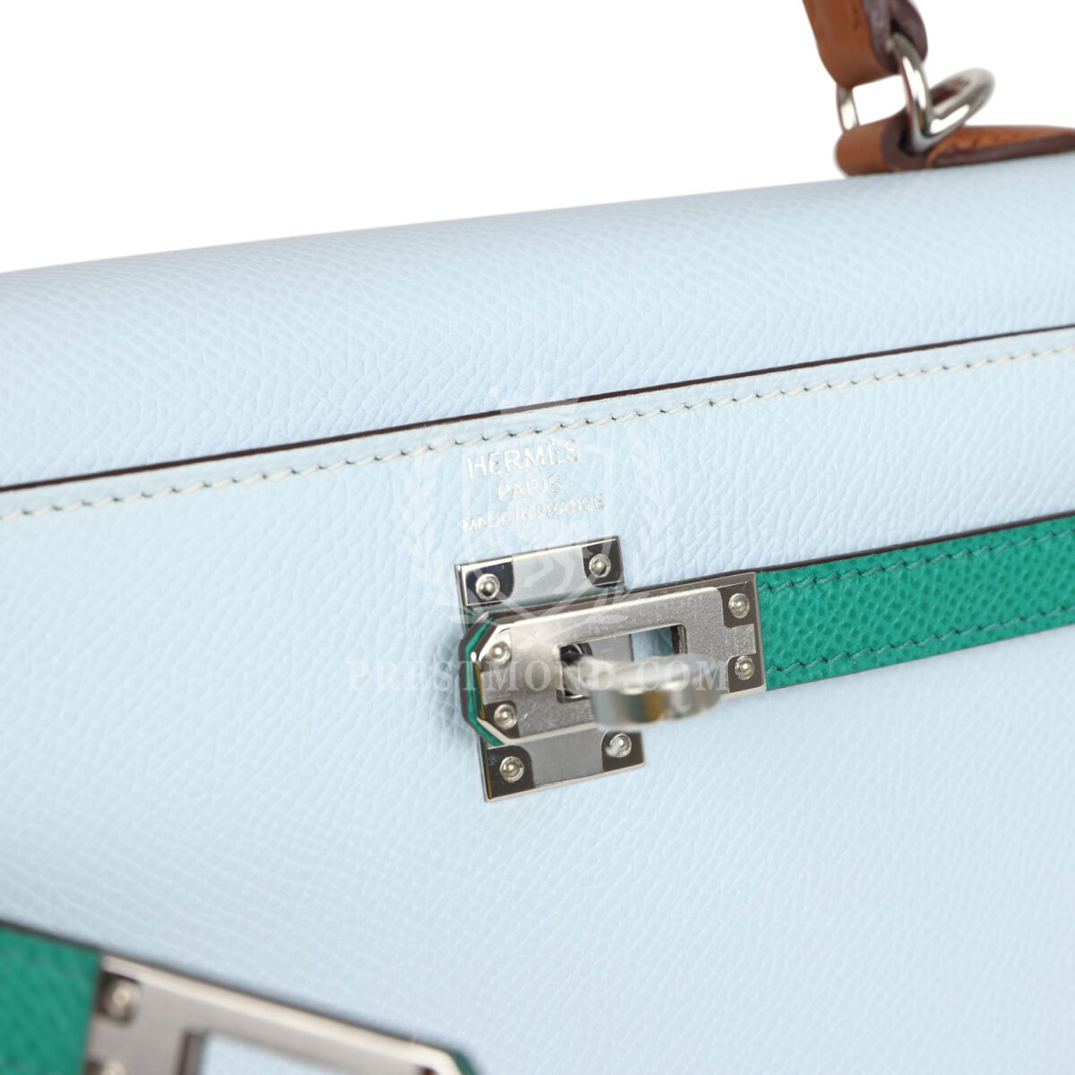 Hermes Kelly Sellier 25 Tri-Color Bleu Brume Gold and Vert Jade Epsom Epsom PHW — изображение 7