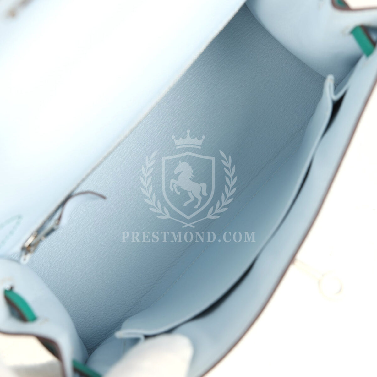 Hermes Kelly Sellier 25 Tri-Color Bleu Brume Gold and Vert Jade Epsom Epsom PHW — изображение 8