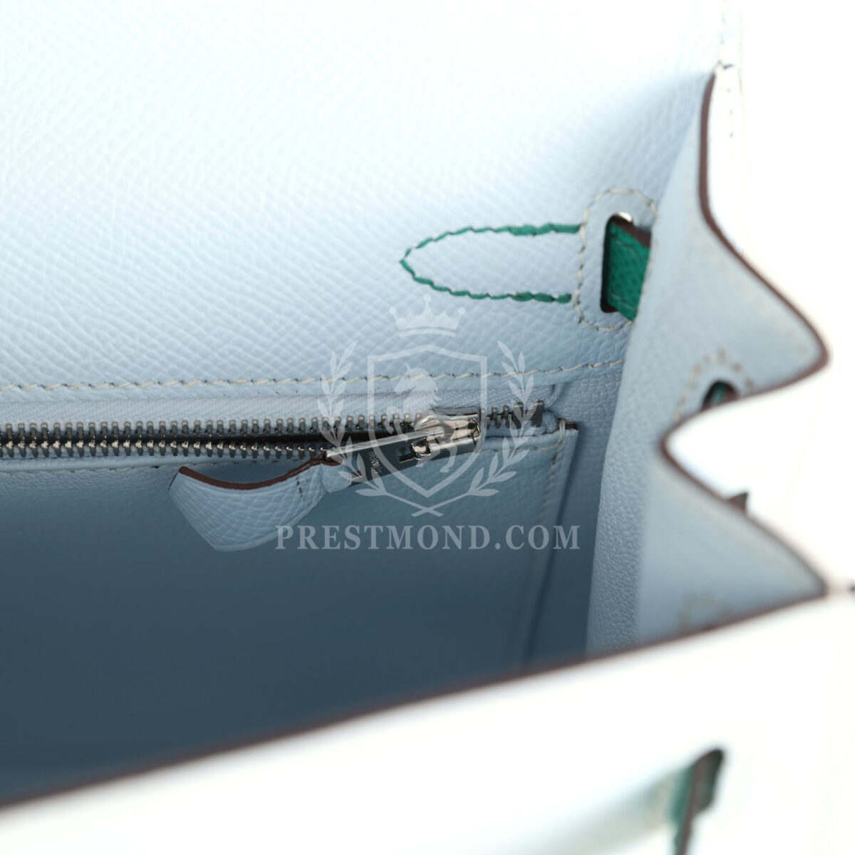 Hermes Kelly Sellier 25 Tri-Color Bleu Brume Gold and Vert Jade Epsom Epsom PHW — изображение 9