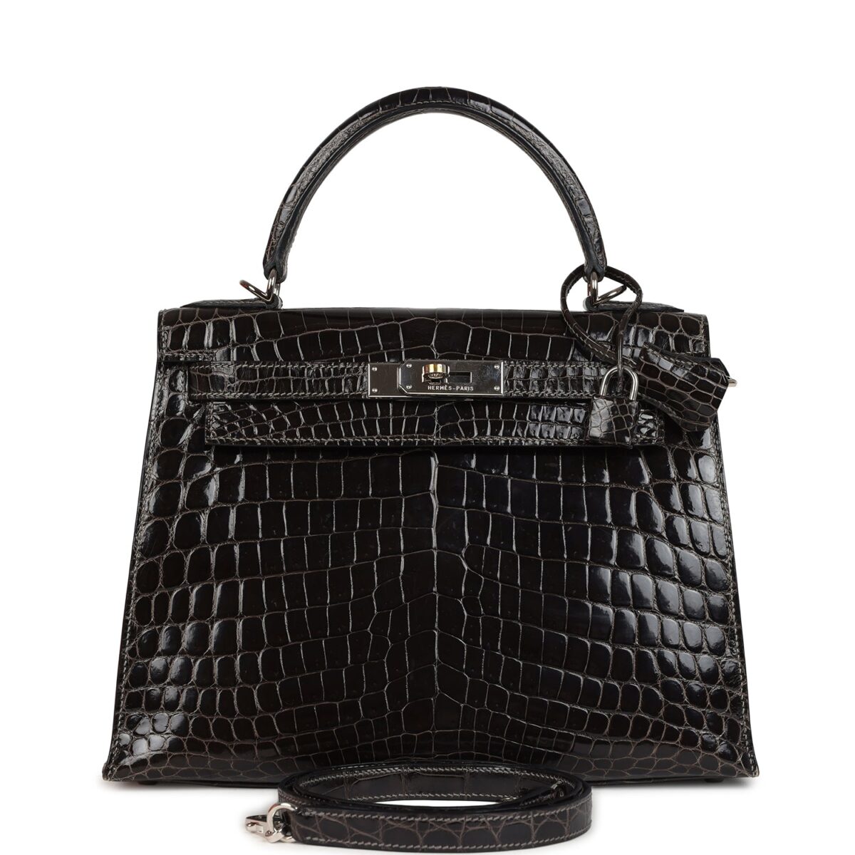 Hermes Kelly Sellier 28 Gris Fonce Shiny Niloticus Crocodile PHW