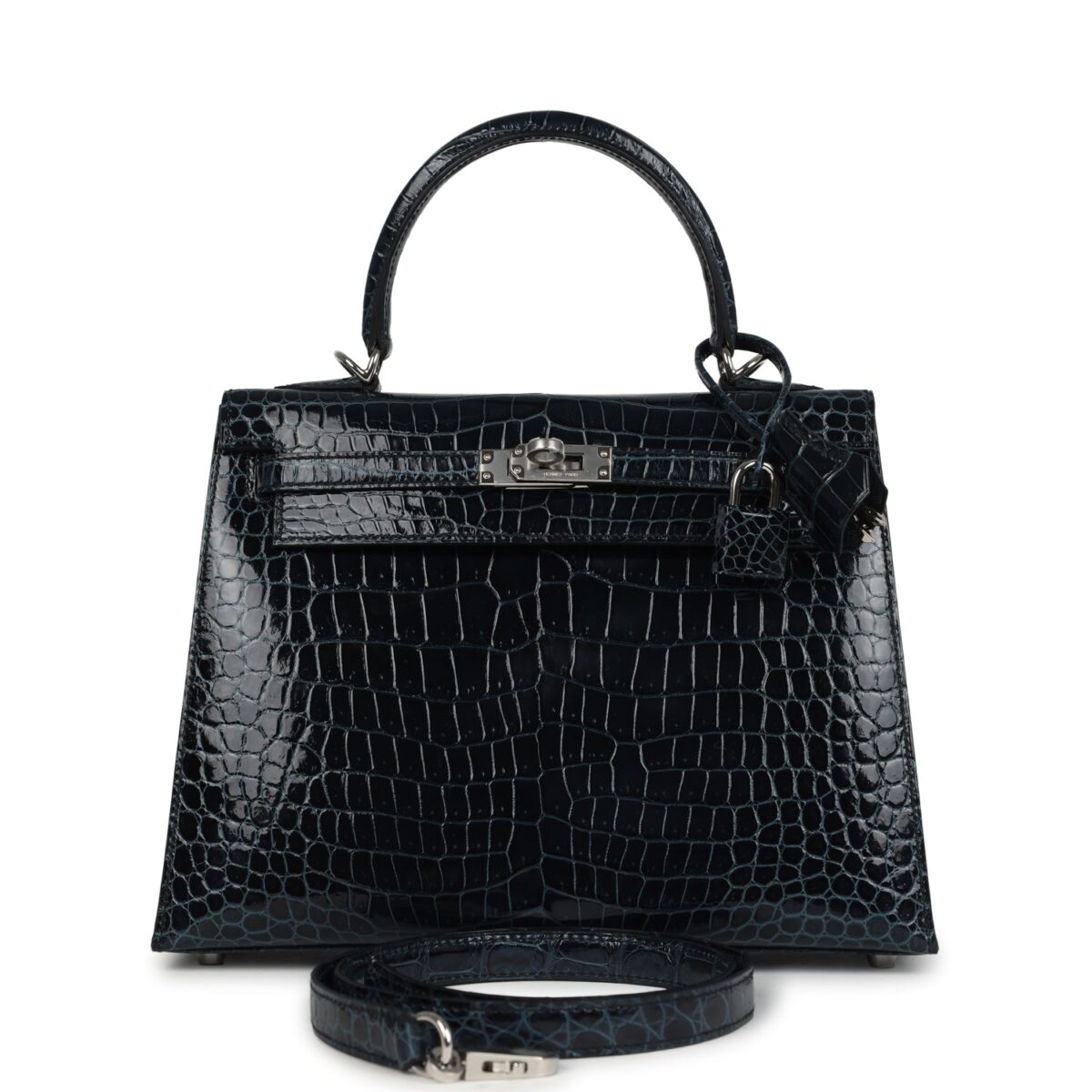 Hermes Kelly Sellier 25 Vert Rousseau Shiny Porosus Crocodile PHW