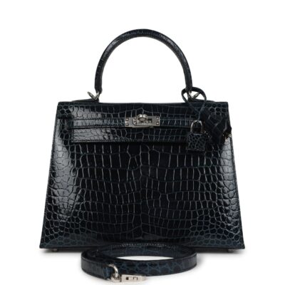 Hermes Kelly Sellier 25 Vert Rousseau Shiny Porosus Crocodile PHW