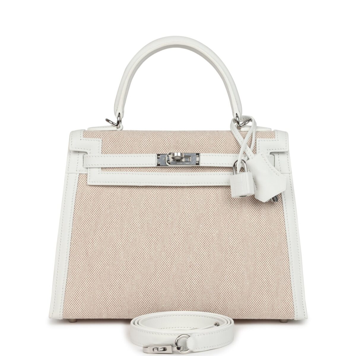 Hermes Kelly Sellier 25 New White Swift and Ecru-Beige Toile H Canvas PHW