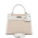 Hermes Kelly Sellier 25 New White Swift and Ecru-Beige Toile H Canvas PHW