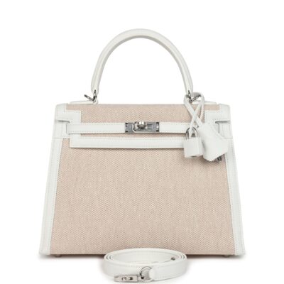 Hermes Kelly Sellier 25 New White Swift and Ecru-Beige Toile H Canvas PHW