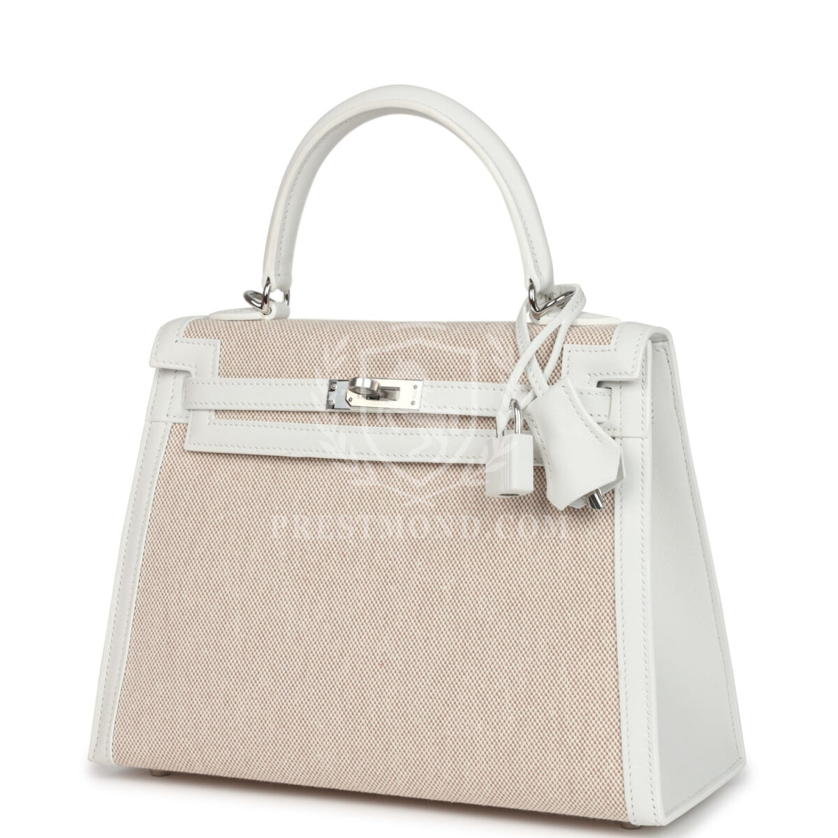Hermes Kelly Sellier 25 New White Swift and Ecru-Beige Toile H Canvas PHW — изображение 5