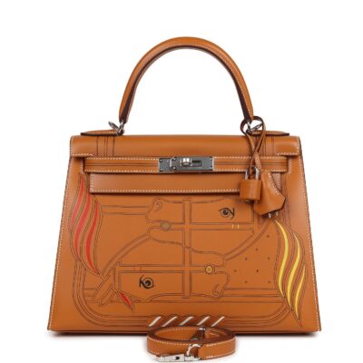 Hermes Kelly Sellier 28 "Painted Quadrige" Naturel Sable Butler PHW