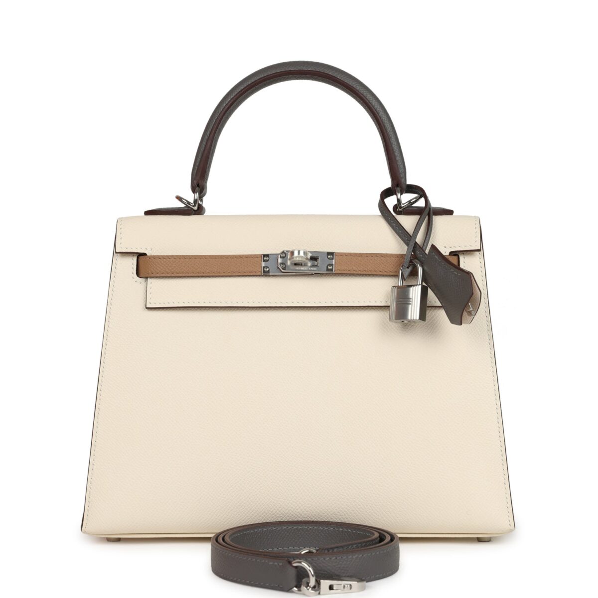 Hermes Kelly Sellier 25 Tri-Color Nata, Gris Meyer and Chai Epsom PHW