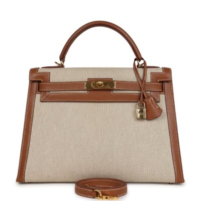 Vintage Hermes Kelly Sellier 32 GHW Courchevel and Ecru-Beige Toile H Canvas GHW