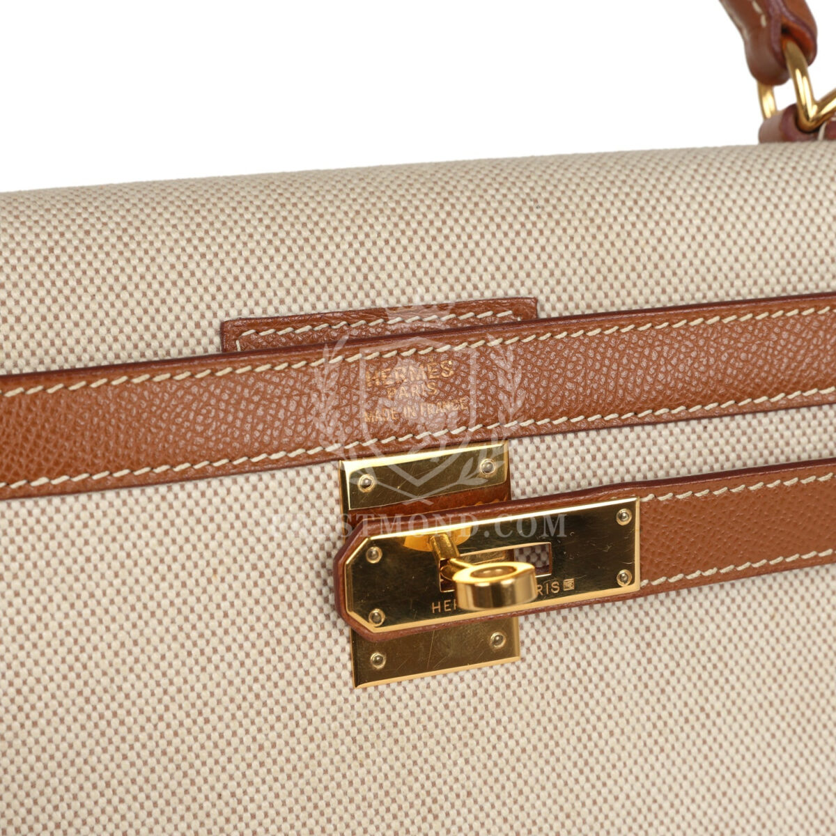 Vintage Hermes Kelly Sellier 32 GHW Courchevel and Ecru-Beige Toile H Canvas GHW — изображение 7