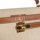 Vintage Hermes Kelly Sellier 32 GHW Courchevel and Ecru-Beige Toile H Canvas GHW