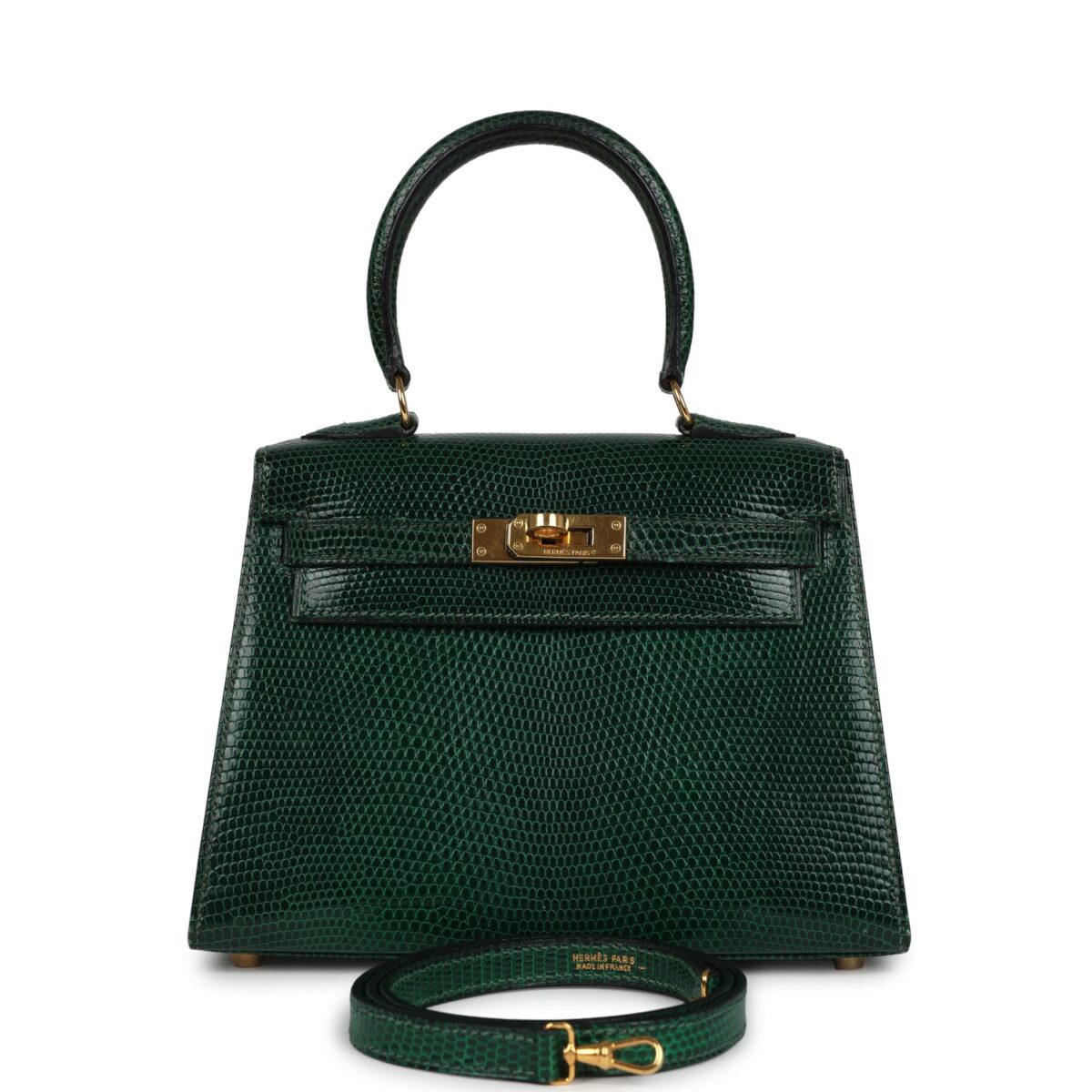 Vintage Hermes Kelly Sellier 20 Vert Fonce Varanus Salvator Lizard GHW