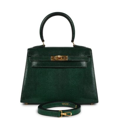 Vintage Hermes Kelly Sellier 20 Vert Fonce Varanus Salvator Lizard GHW