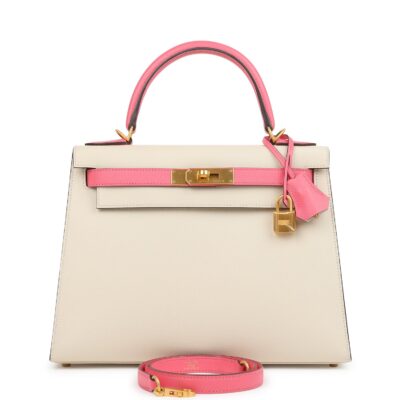 Hermes Special Order (HSS) Kelly Sellier 28 Craie and Rose Azalee Epsom Brushed GHW
