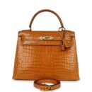 Vintage Hermes Kelly Sellier 28 Saffron Porosus Crocodile GHW