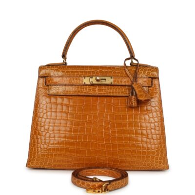 Vintage Hermes Kelly Sellier 28 Saffron Porosus Crocodile GHW