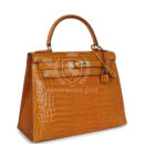 Vintage Hermes Kelly Sellier 28 Saffron Porosus Crocodile GHW