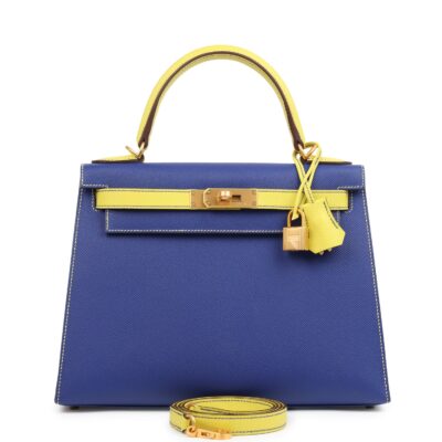Hermes Special Order (HSS) Kelly Sellier 28 Bleu Electric and Lime Epsom Brushed GHW