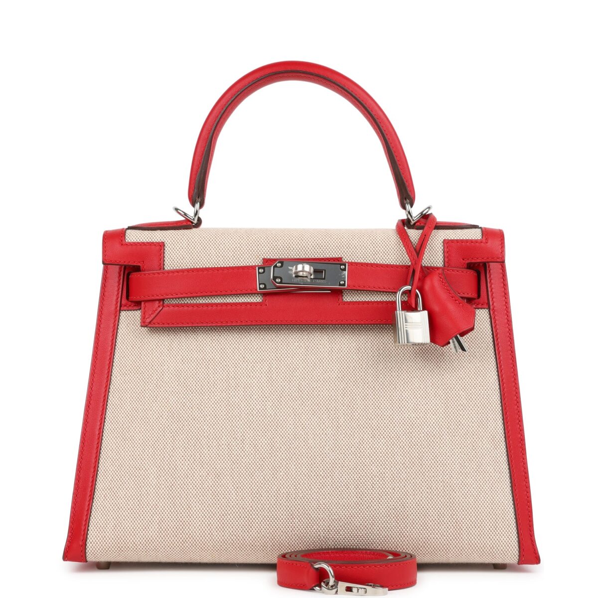 Hermes Kelly Sellier 28 Rouge De Coeur Swift and Beige-Ecru Toile H Canvas PHW